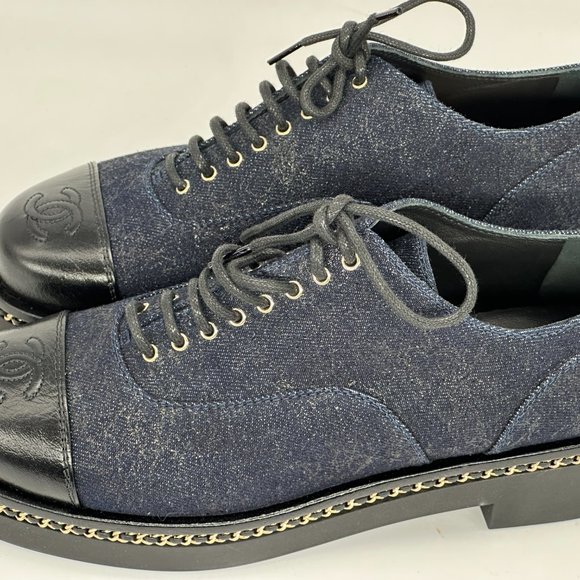 CHANEL 20K Denim Leather Chain Cap Toe Lace Up Oxford Heels Loafers Shoes - Picture 11 of 16